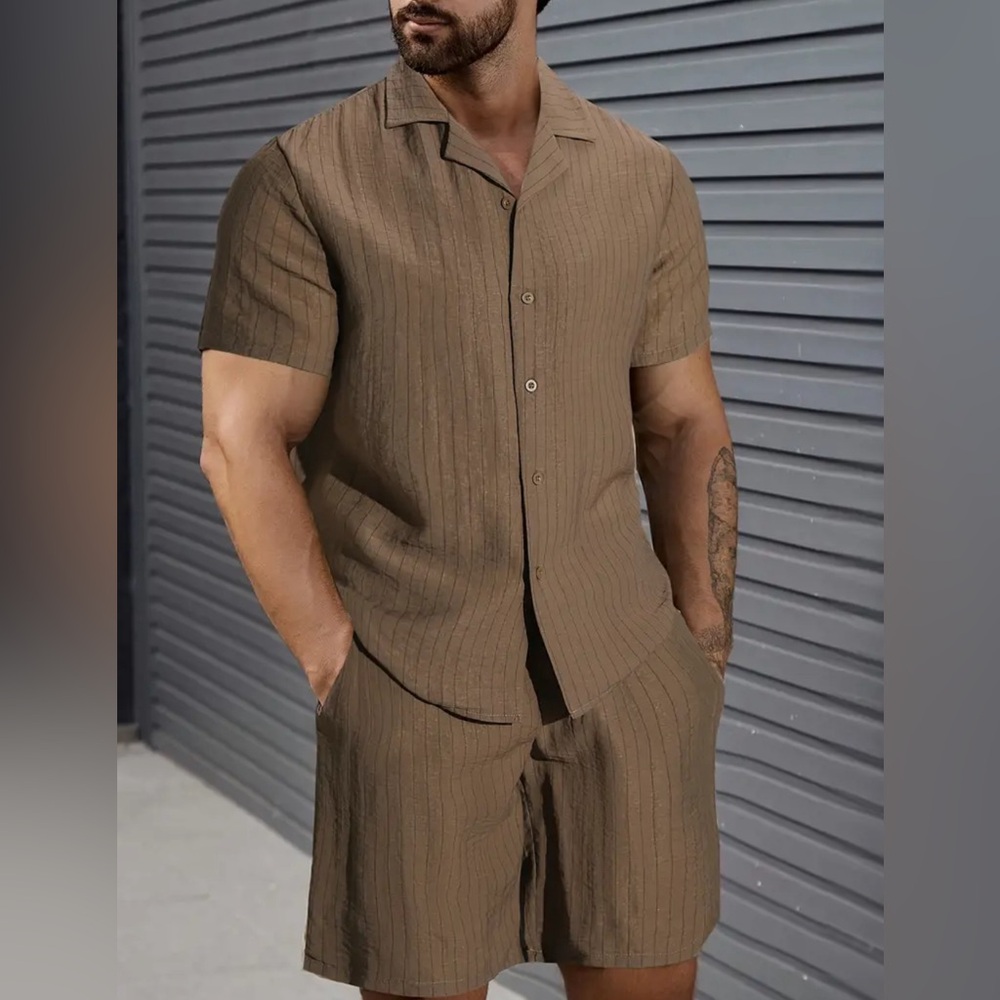 Men's Summer 2pcs Set, Casual Suit Collar Short Sleeve Shirt And Drawstring